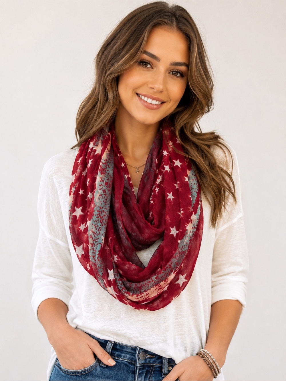 Americana Star Print Infinity Scarf Boho Western‎ Lightweight Wrap